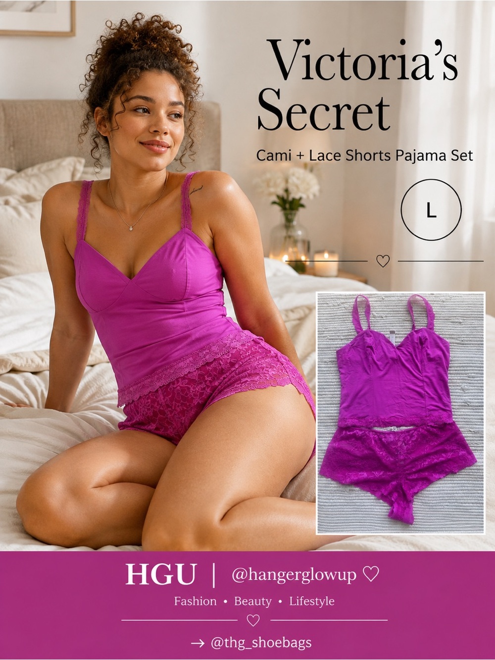 Victoria’s Secret Cami + Lace Shorts Pajama Set Magenta Pink NWT L/XL